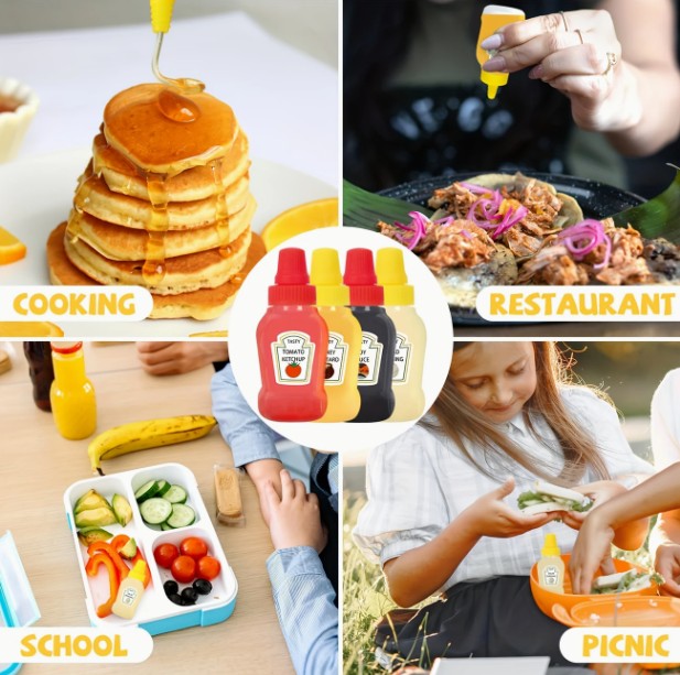 Set de 4 Mini Botellas Portátiles para Condimentos y Salsas (Ketchup y Mostaza)